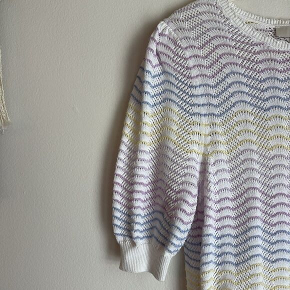 LOFT Striped Pointelle Puff Sleeve Sweater Tee knit Women Pastel Wave Sweater M - Picture 3 of 8
